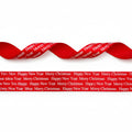 15mm red satin ribbon printed with silver Christmas bells per 25 meter roll