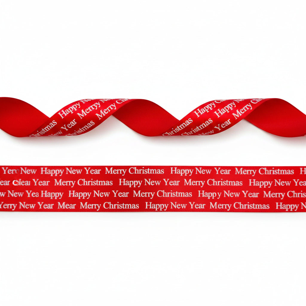 15mm red satin ribbon printed with silver Christmas bells per 25 meter roll