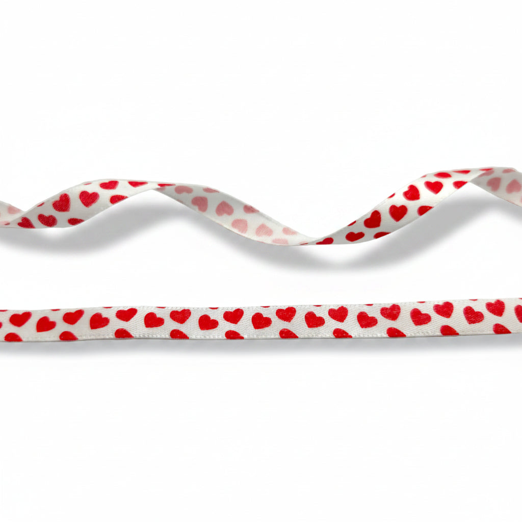 White Satin Ribbon with Red Hearts – 9mm