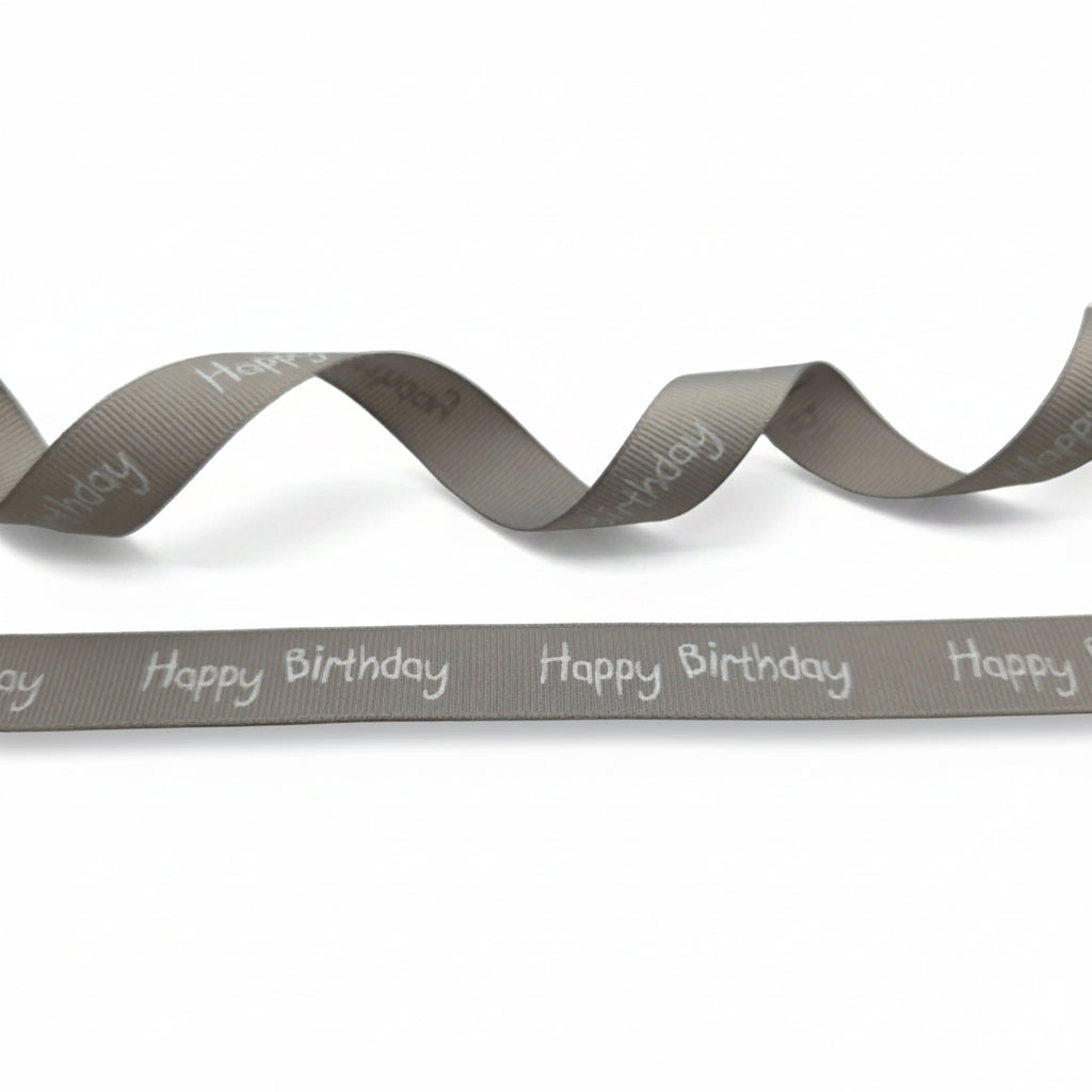 Ribbon grey white printed with Happy Birthday — 16mm | Roll 20m