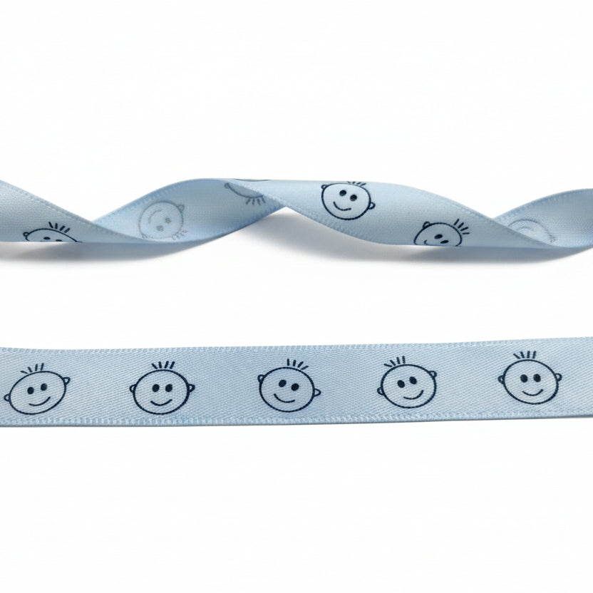 Satin ribbon "baby head" boy 16mm light blue