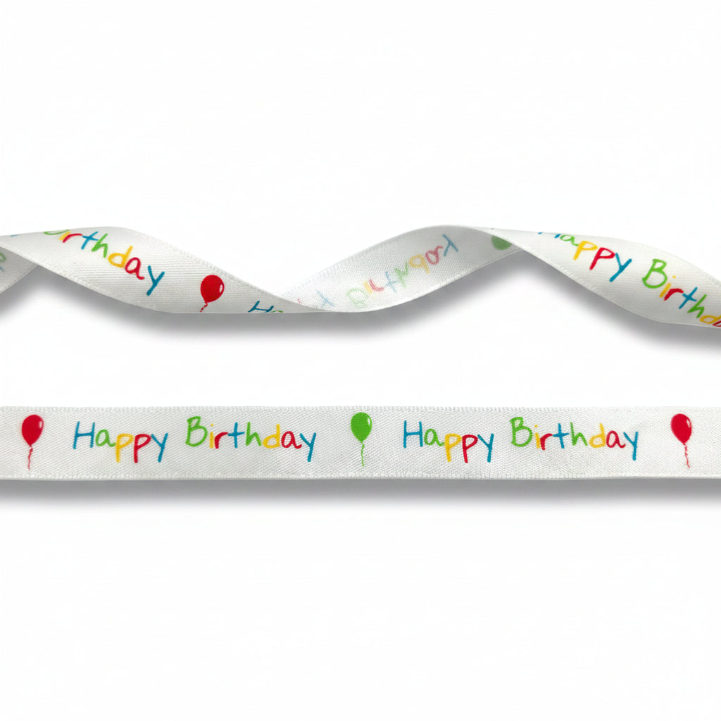 White Satin Ribbon Happy Birthday — 16mm | Roll 20m