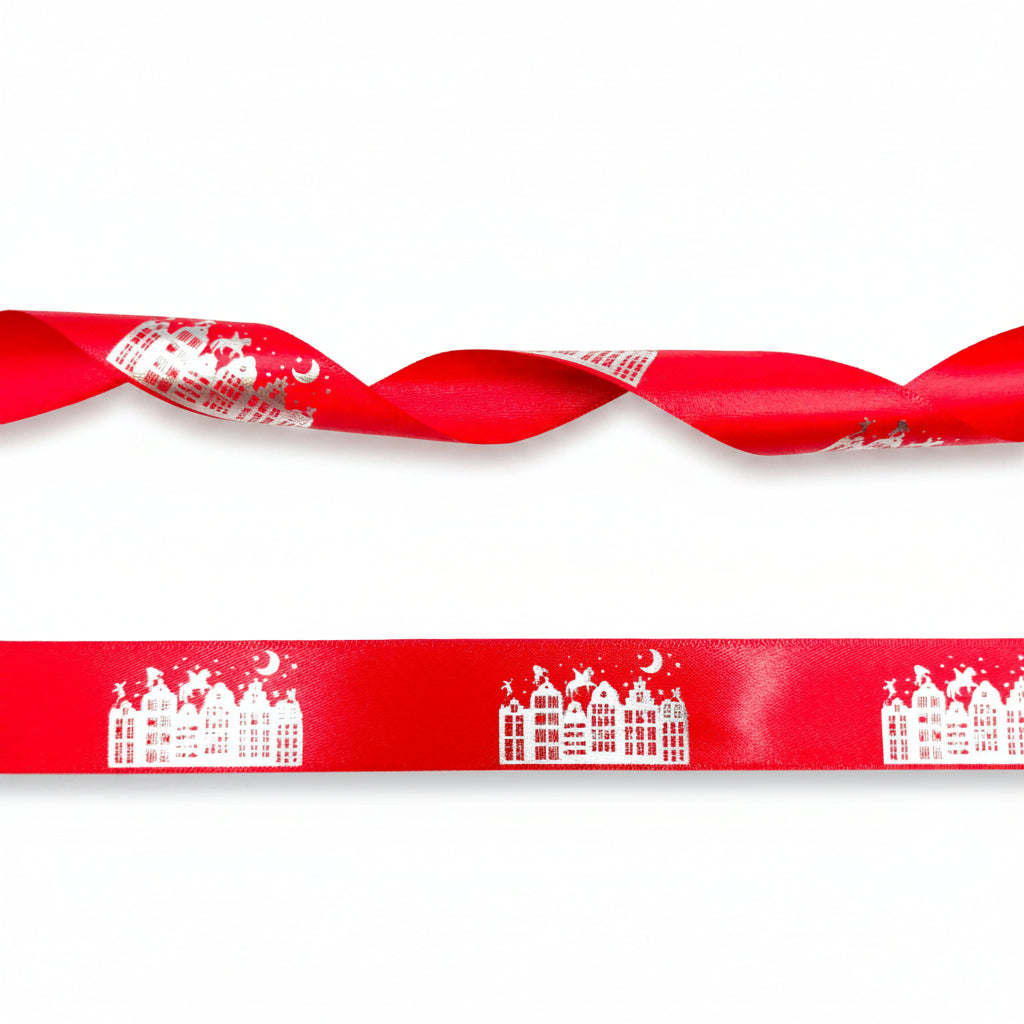 Rood Satijnlint 20mm bedrukt met Grachten pandjes Sint en Piet op het dak