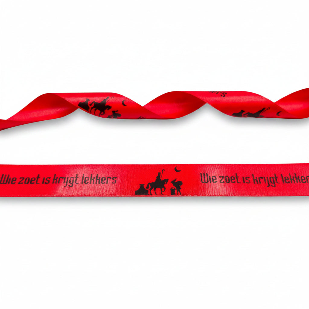 Rood Satijnlint 20mm bedrukt met Sint en Piet per 25 meter
