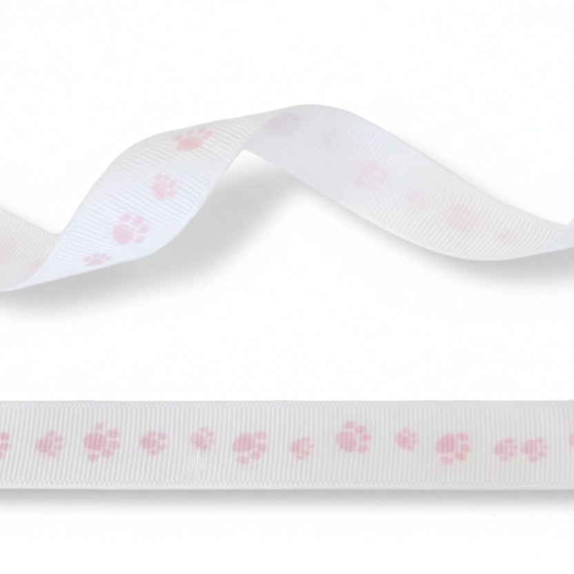 16mm White Grosgrain Ribbon with Footprint in Pink - 20 Meters
