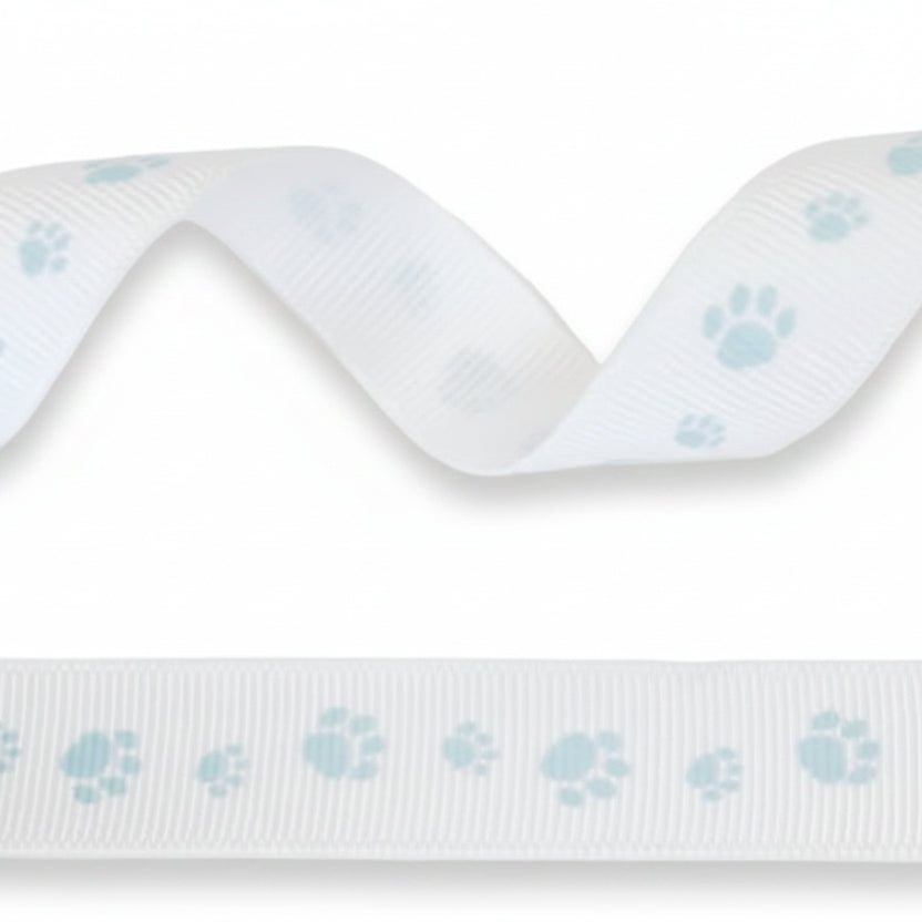 16mm White Grosgrain Ribbon with Blue Footprint - 20 Metres
