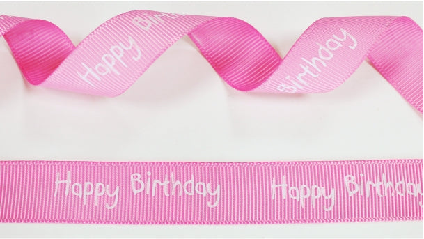 Ribbon in 2 different shades of pink and white, printed with Happy Birthday — 16mm | 20m roll