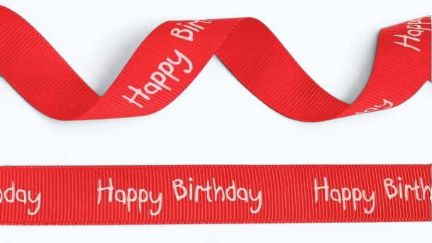Red and white Ribslint printed with Happy Birthday — 16mm | Roll 20m