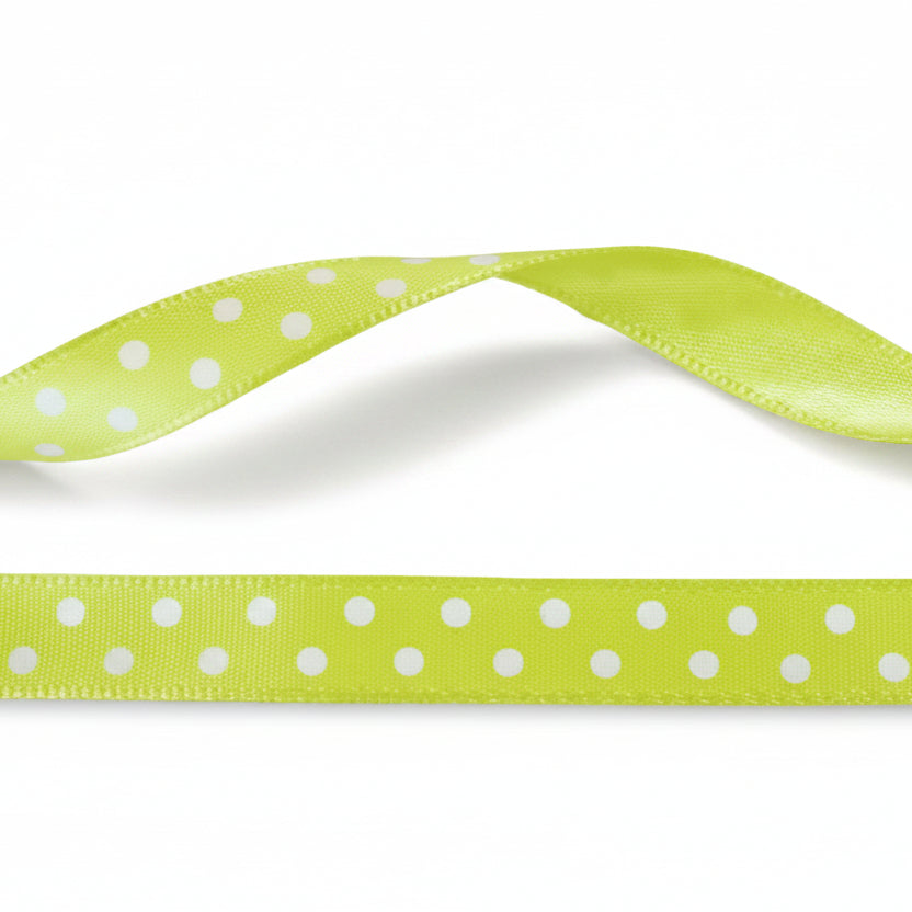 10mm Luxury satin ribbon green with white dots