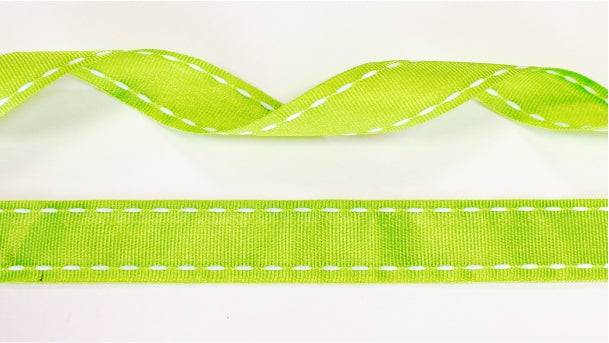 15mm green ribbed ribbon with white stitching - 20 Meters