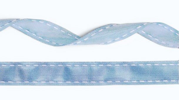15mm blue ribbed ribbon with white stitching - 20 Meters