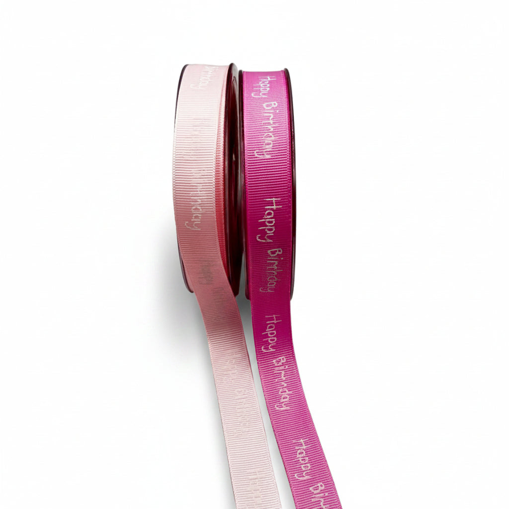 Ribbon in 2 different shades of pink and white, printed with Happy Birthday — 16mm | 20m roll