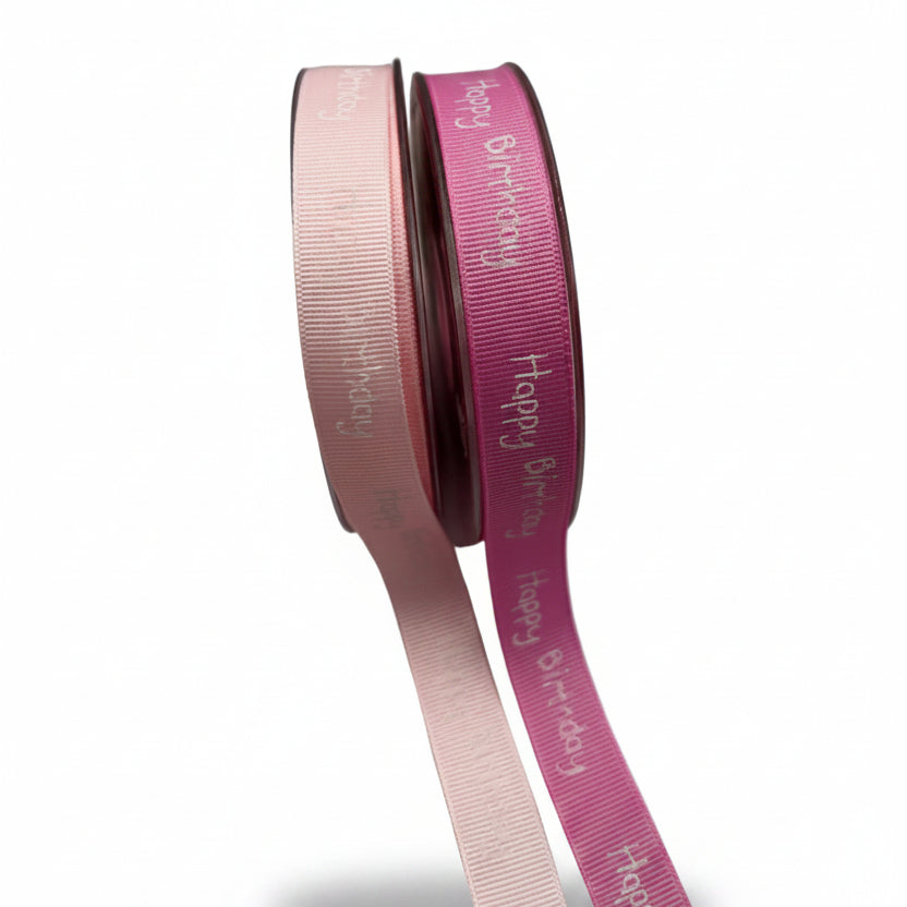 Ribbon in 2 different shades of pink and white, printed with Happy Birthday — 16mm | 20m roll