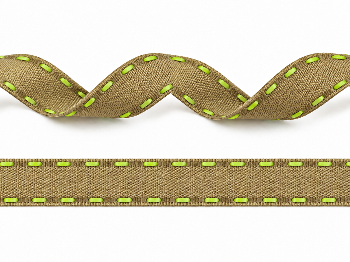 Cotton tape brown with green stitching 15mm