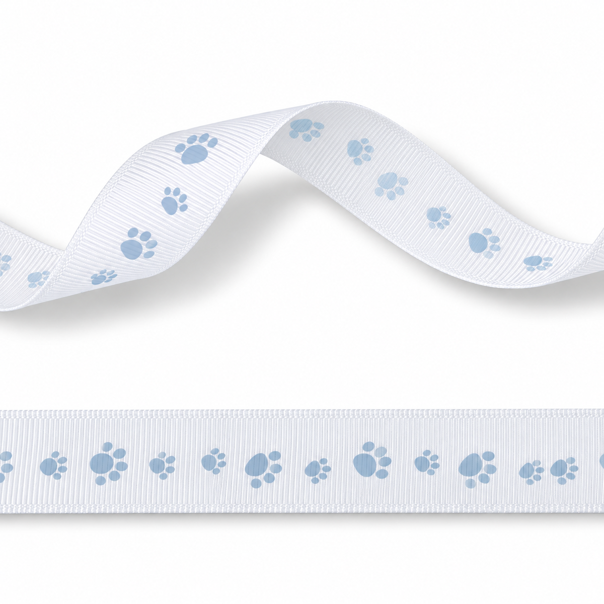16mm White Grosgrain Ribbon with Blue Footprint - 20 Metres