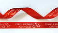 15mm red satin ribbon printed with silver Christmas bells per 25 meter roll