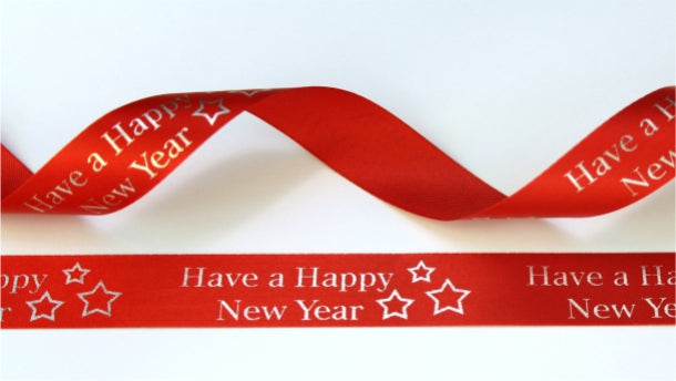 15mm red satin ribbon printed with silver Christmas bells per 25 meter roll
