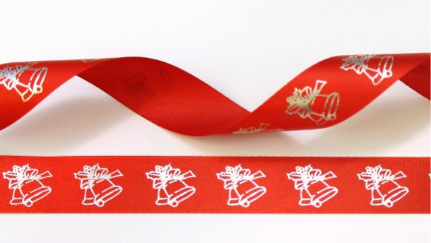 15mm red satin ribbon printed with silver Christmas bells per 25 meter roll