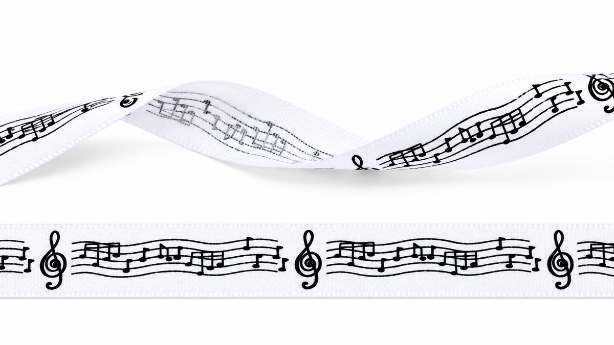 Satin Ribbon with Musical Notes - 16mm - White/Black (Roll 23m)