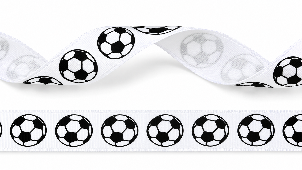 15mm Luxury white satin ribbon printed with footballs per 25 meters
