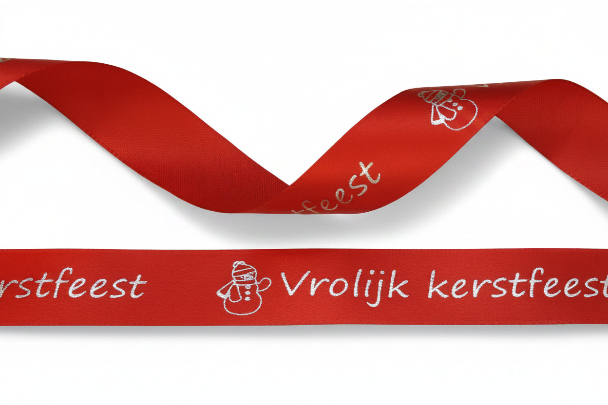 15mm red satin ribbon printed with silver Christmas bells per 25 meter roll